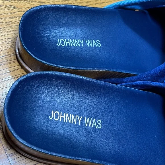 JOHNNY WAS Denim Suede Floral Tapestry Twist Slides - Picture 11 of 16